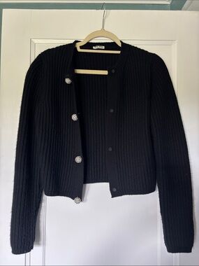 Miu Miu Black Ribbed Knit Cardigan with Crystal Buttons